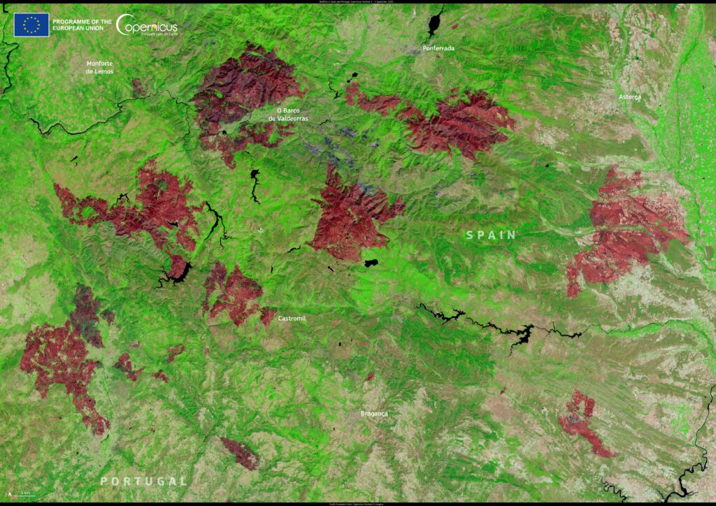Wildfire burn scars along the Spain–Portugal border