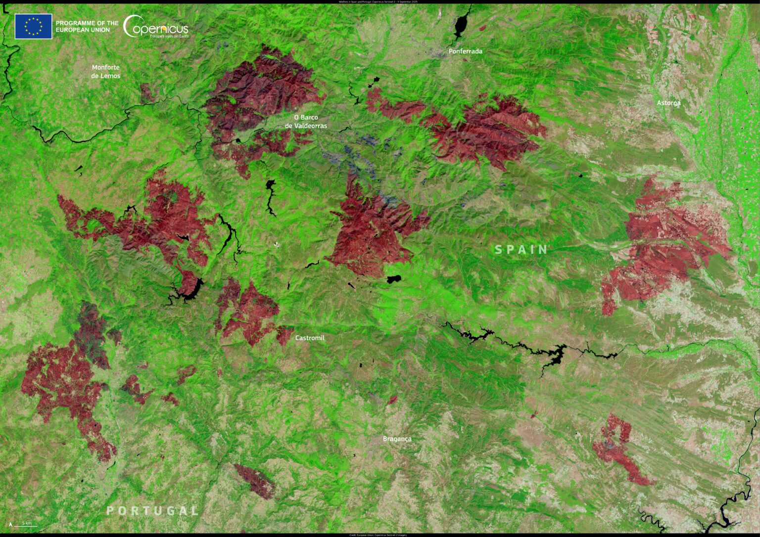 Wildfire burn scars along the Spain–Portugal border