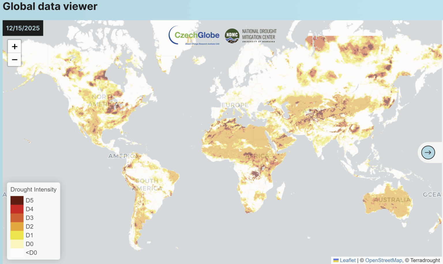 Image shows a map of the world highlighting areas of dryness.