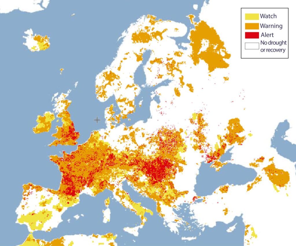 Map of Europe with deep reds and browns highlighting area of drought.