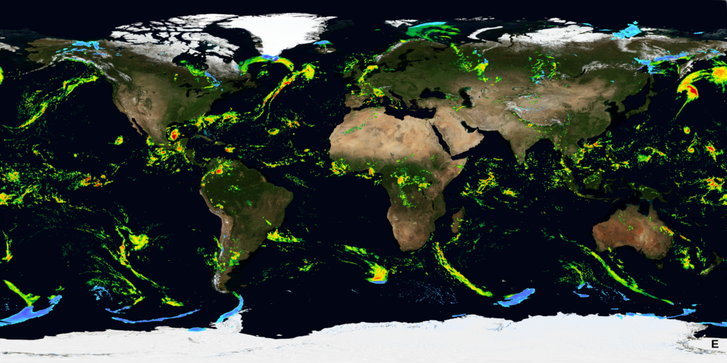 Satellite imagery showing rainfall and snowfall everywhere around the world.